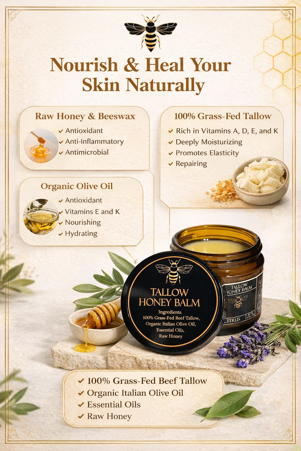 Organic Grass-Fed Beef Tallow Balm with Raw Honey | All-Natural Moisturizing Cream