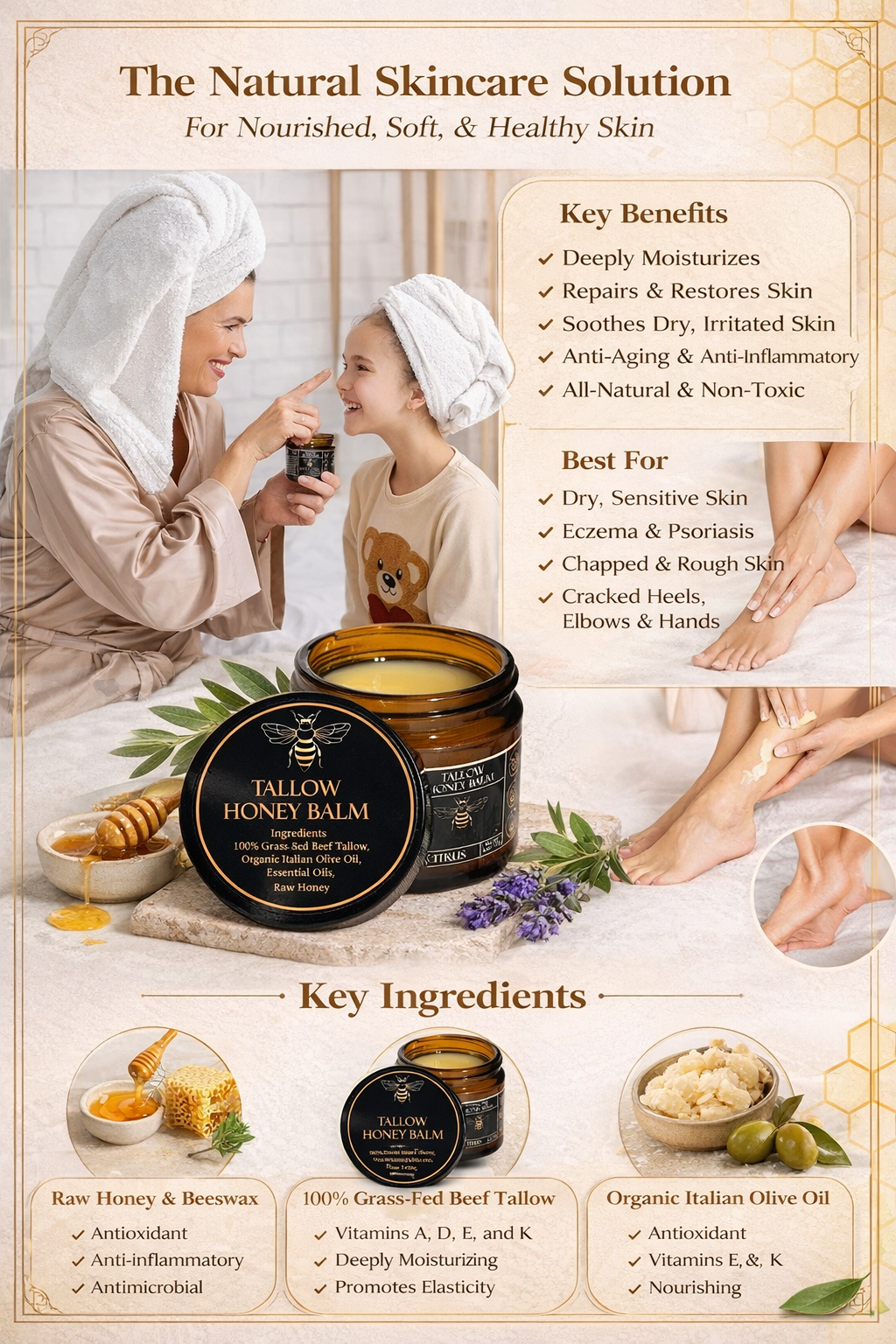 Organic Grass-Fed Beef Tallow Balm with Raw Honey | All-Natural Moisturizing Cream