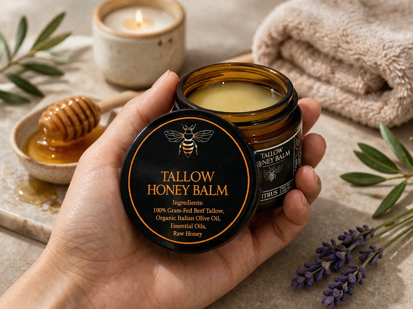 Organic Grass-Fed Beef Tallow Balm with Raw Honey | All-Natural Moisturizing Cream